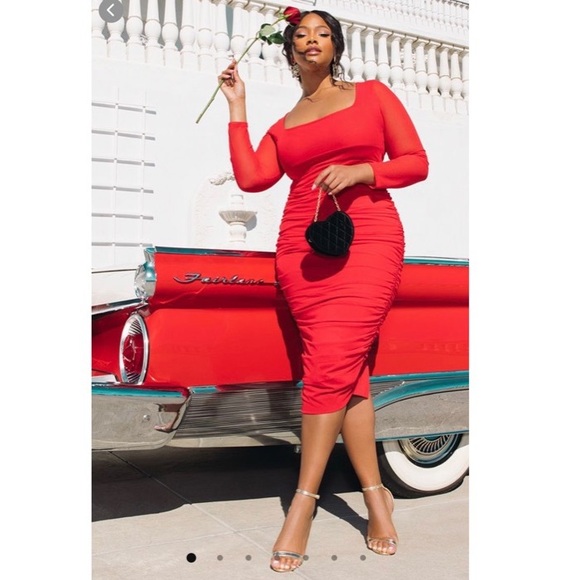 red mesh ruched dress